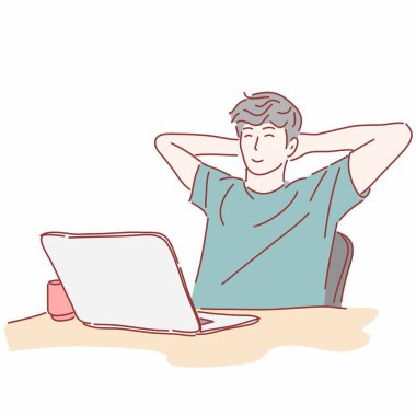 Dizüstü bilgisayar kullanan bir adam. El çizimi karakter biçimi.