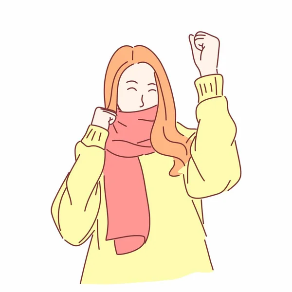 Ευτυχισμένες Γυναίκες Χειμωνιάτικα Ρούχα Χειροποίητο Στυλ Χαρακτήρα Επίπεδου — Διανυσματικό Αρχείο