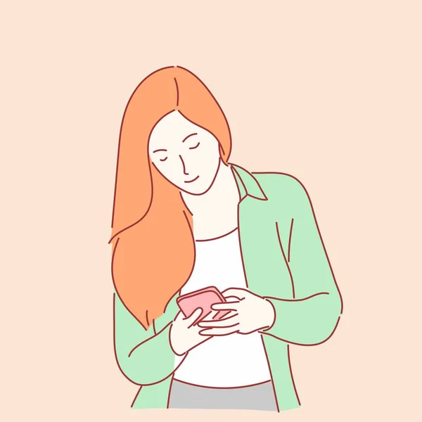 Όμορφη Γυναίκα Χρησιμοποιεί Smartphone Στυλ Χαρακτήρα Ζωγραφισμένου Στο Χέρι — Διανυσματικό Αρχείο