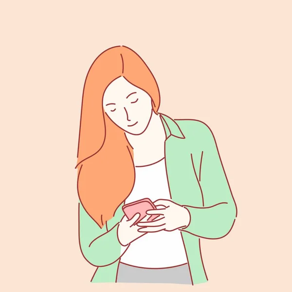 Akıllı telefon kullanan güzel bir kadın. El çizimi karakter biçimi.