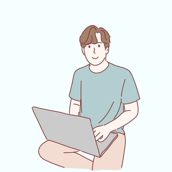Homem Usando Computador Portátil Estilo Personagem Desenhado Mão — Vetor de Stock