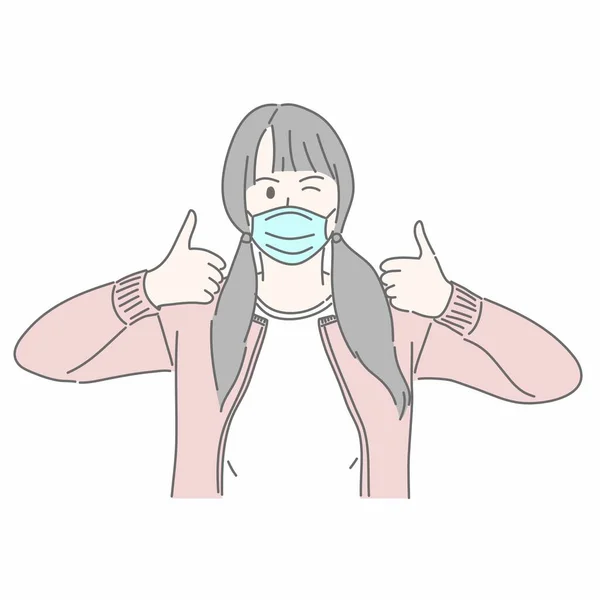 Girl Wearing Medical Mask Gesturing Thumb Ups — Stock Vector