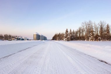 Kırsal çayır yolu kar yağışı sonrası sürüldü, tahıl ambarları ve çalılarla çiftliğe sürüldü, kış manzarası.