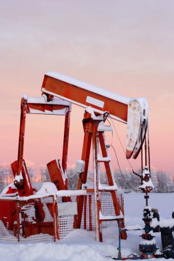 Yağlı pompa, güneş doğarken yumuşak pembe bir kış gökyüzüne karla kaplıydı. Kırsal Kanada 'da endüstriyel enerji üretimi, soğuk mevsim, petrol ve gaz endüstrisi, çayır manzarası.