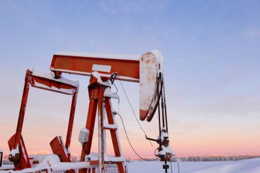 Yağlı pompa, güneş doğarken yumuşak pembe bir kış gökyüzüne karla kaplıydı. Kırsal Kanada 'da endüstriyel enerji üretimi, soğuk mevsim, petrol ve gaz endüstrisi, çayır manzarası.
