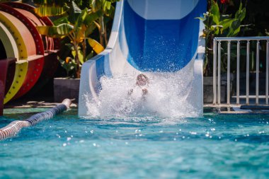 A child splashes into the pool at the end of a blue and white water slide at a tropical water park, surrounded by lush plants and colorful tube slides.