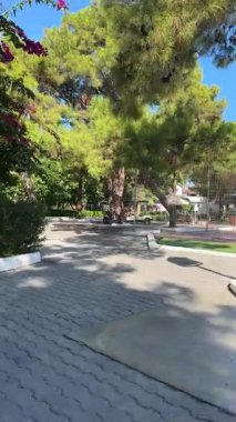 Kemer, Turkey - September 21, 2025 - A golf cart drives through a shaded, tree-lined resort path with pine trees, benches, and signs under a clear blue sky, creating a relaxed holiday vibe.