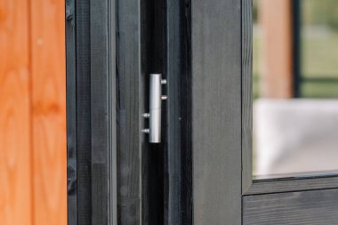 Close-up of a silver metal hinge mounted on a black wooden door frame with visible glass panel and light wood siding in the background.