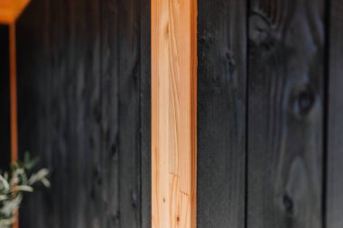 Close-up of a modern wooden wall with vertical black charred planks and one natural wood board in the center. Minimalist, rustic, and stylish design element.