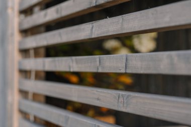 Close-up of a modern horizontal wooden slat screen or fence with a blurred natural background. The structure adds privacy and architectural texture.