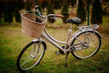 Hasır sepetli klasik bisiklet, canlı çimenlerin üzerinde dinleniyor, arka planda ağaçlar, açık hava maceraları için sakin bir atmosfer yaratıyor.