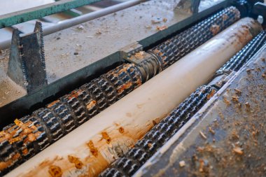 Endüstriyel ahşap işleme makinelerinin kapatılması, dönen silindirlerin ve odun talaşlarının vurgulanması, mekanik detayların ve işletim ortamının vurgulanması