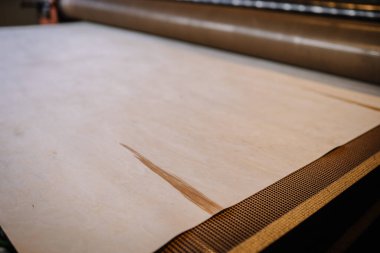 Bir marangozluk atölyesinde bir tekerlekli sandalyede büyük bir ahşap kaplama işleniyor, malzeme işlemesindeki ustalık ve hassasiyeti vurguluyor