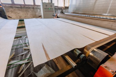 Bir atölyedeki makineler büyük ahşap çarşafları işliyor, geniş, iyi ışıklandırılmış bir ortamda alet ve ekipmanla üretim sürecini vurguluyor