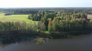 Hava perspektifi canlı ağaçları ve sakin suyu yakalar. Geniş yeşil manzarayı ve sakin doğal ortamı ortaya çıkarmak için yavaşça uzaklaşır.