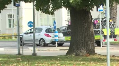 Parnu, Estonya - 11 Eylül 2025: Ağaçlar ve tabelalarla çevrili kentsel kavşakta çekilen gümüş renkli araç kameralar sorunsuz çalışıyor