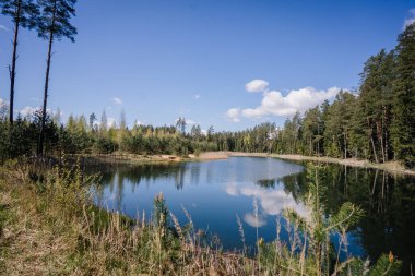 Canlı ormanlara yerleşmiş sakin bir göl berrak mavi gökyüzünü ve kabarık bulutları yansıtıyor. Açık hava meraklıları ve doğa severler için barışçıl bir ortam sunuyor.