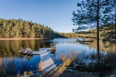 Manzaralı göl manzarası, dingin yeşillik ve ağaçlarla çevrili durgun sulara açılan ahşap bir rıhtıma sahip. Bu da huzur ve doğal güzelliği çağrıştırıyor.
