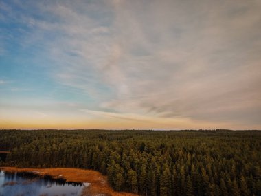 Bereketli yeşil orman ufuk boyunca uzanır, sakin bir su kütlesi gökyüzünü yansıtır, sakin bir atmosfer yaratır ve doğanın güzelliğini gösterir.