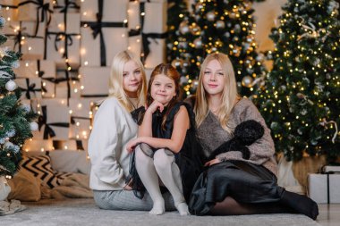 Noel ağaçları ve ışıklarıyla süslü bir odada yumuşak bir halıya oturmuş neşeli bayram anlarını yakalıyorlar.