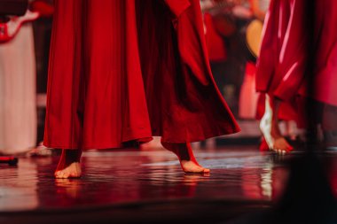 Kırmızı elbiseli dansçı, müzisyenler ve renkli ışıklarla çevrili sahnede çıplak ayakla, kültürel kutlama ve sanatsal ifadenin özünü yakalıyor.