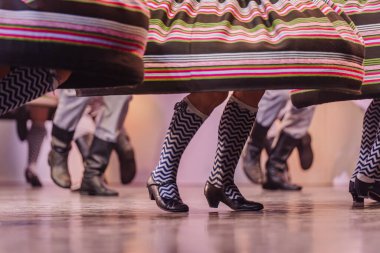 Letonyalı halk dansçıları renkli geleneksel giysiler içinde enerjik hareketler sergiliyor, şenlikli bir atmosferde ritmik ayak izlerini ve kültürel mirasını vurguluyorlar.