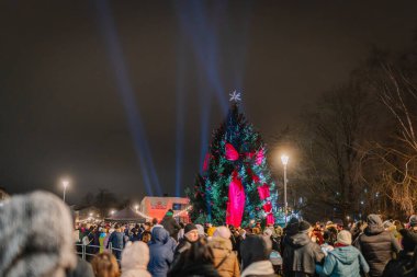Valmiera, Letonya - 30 Kasım 2025: Aydınlatılmış Noel ağacı, festival süslemeleri ve parkta bayram kutlamalarının keyfini çıkaran bir kalabalıkla gece ayakta duruyor