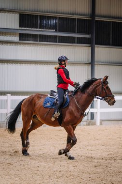 Riga, Letonya - 08 Kasım 2019: Kadın binici, kumlu bir arenada kahverengi bir ata biniyor.