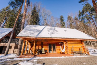 Kuldiga, Letonya - 30 Ocak 2026: Karla kaplı, yüksek çam ağaçlarıyla çevrili ahşap kulübe, verandada oturmaktadır.