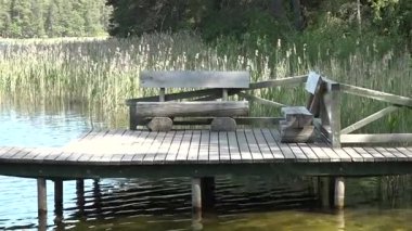 Ahşap rıhtımda sakin bir göl kenarındaki banklar ve tırabzanlar, arka planda uzun otlar ve ağaçlar, sakin bir doğal atmosfer yaratıyor.