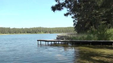 Suya uzanan ahşap bir rıhtımın olduğu sakin göl manzarası, yemyeşil ağaçlarla çevrili ve berrak mavi gökyüzü, huzurlu doğayı vurguluyor.