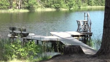 Merdiveni ve bankı olan ahşap rıhtım, yemyeşil yemyeşil, sakin bir göl üzerine uzanır ve sakin bir açık hava ortamı yaratır.