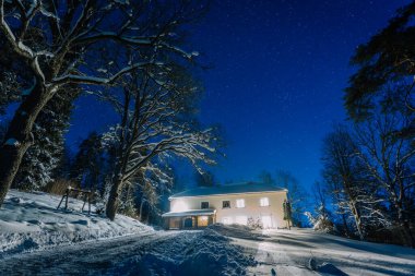Sıcak ışıkları olan karlı bir ev yıldızlı bir gece gökyüzünün altında parlıyor, ağaçlarla çevrili ve karla kaplı bir garaj yolu huzurlu bir kış ortamında.