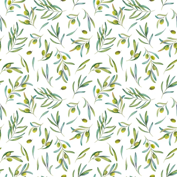 Yeşil Yapraklı Beyaz Arkaplan Zeytin Dalının Dikişsiz Suluboya Deseni — Stok fotoğraf