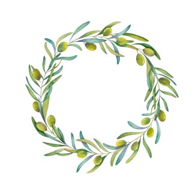 Zeytin dalının suluboya kare çerçevesi, yapraklar. Tebrik kartları, yazdırma ve web amaçları için resim.