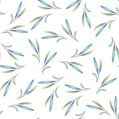Mavi ve yeşil yapraklar, yapıştırma kitabı, baskı, kağıt, beyaz arkaplan için kusursuz desen.