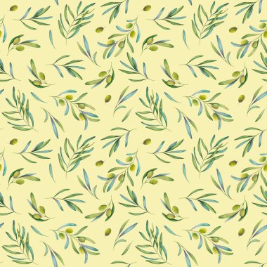 Yeşil yaprakların dikişsiz suluboya deseni, zeytin ve dal, baskı için, hatıra defteri.