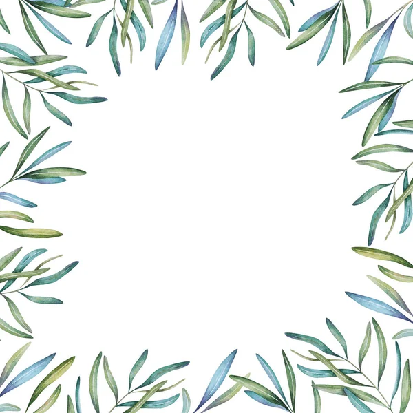Quadratischer Rahmen Aus Zweigen Blättern Vorlage Für Text Aquarell Illustration — Stockfoto
