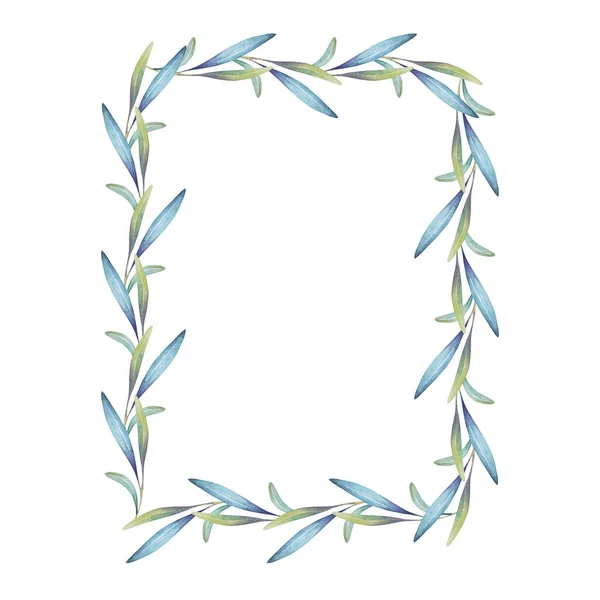 Borda Retangular Aquarela Folhas Verdes Azuis Ilustração Para Fins Casamento — Fotografia de Stock