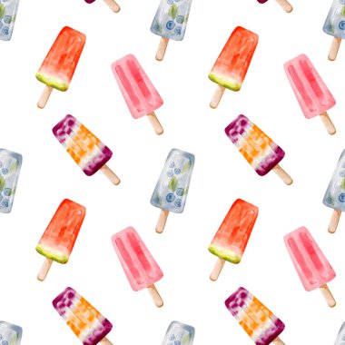 Tatlı bir yaz tasarımında suluboya çilekler, yabanmersinleri ve karpuzlarla donuk meyveli buzlu şekerleme..