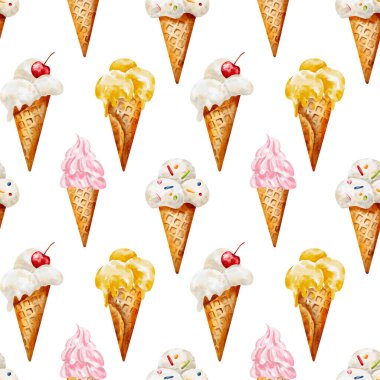 Kirazlı dondurma külahlarının sulu boya deseni. Eğlenceli ve lezzetli bir yaz tatlı tasarımı için mükemmel..