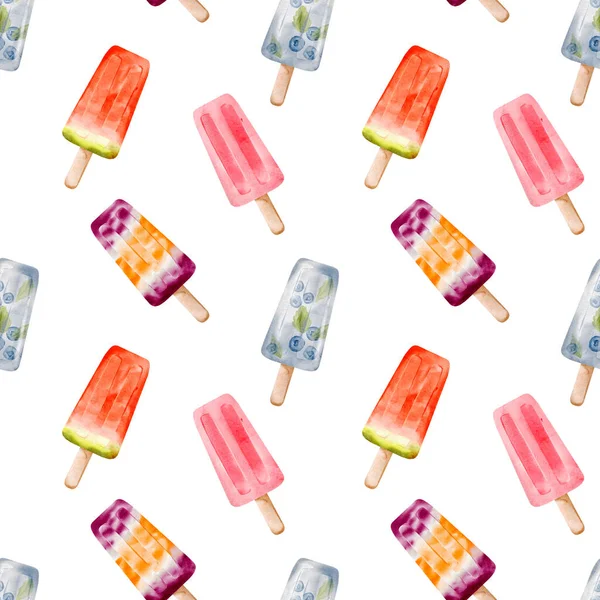 Tatlı bir yaz tasarımında suluboya çilekler, yabanmersinleri ve karpuzlarla donuk meyveli buzlu şekerleme..