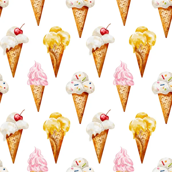 Kirazlı dondurma külahlarının sulu boya deseni. Eğlenceli ve lezzetli bir yaz tatlı tasarımı için mükemmel..