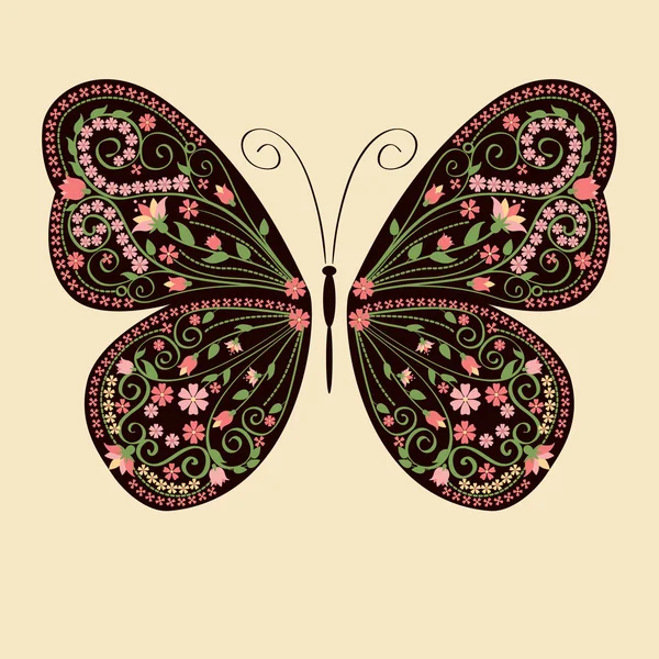 Mariposa decorativa floral — Vector de stock