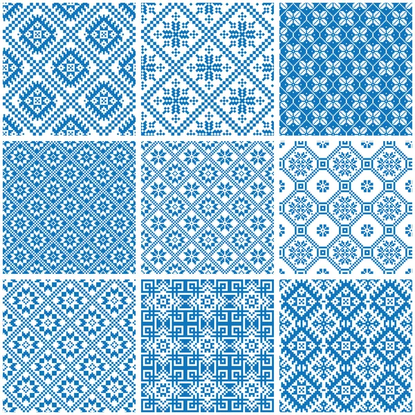 Patrones sin costura étnicos ornamentales azules y blancos — Archivo Imágenes Vectoriales