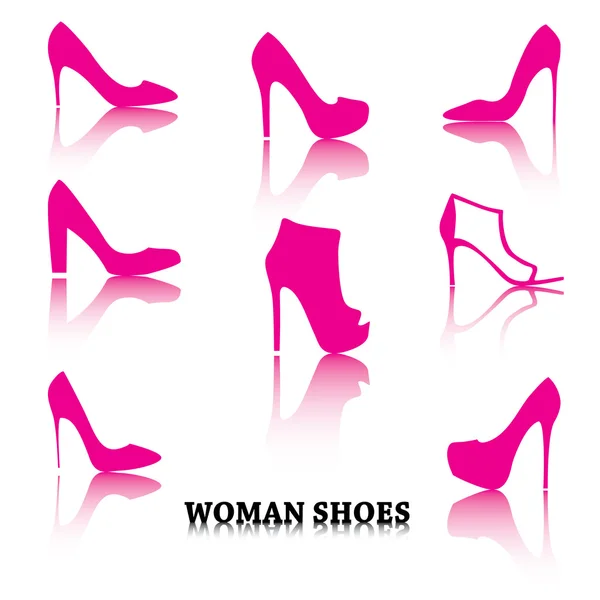 Set of woman shoes silhouettes with reflections. — Stock Vector