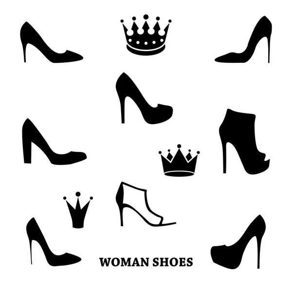 Uppsättning av kvinna skor silhuetter med kronor. — Stock vektor