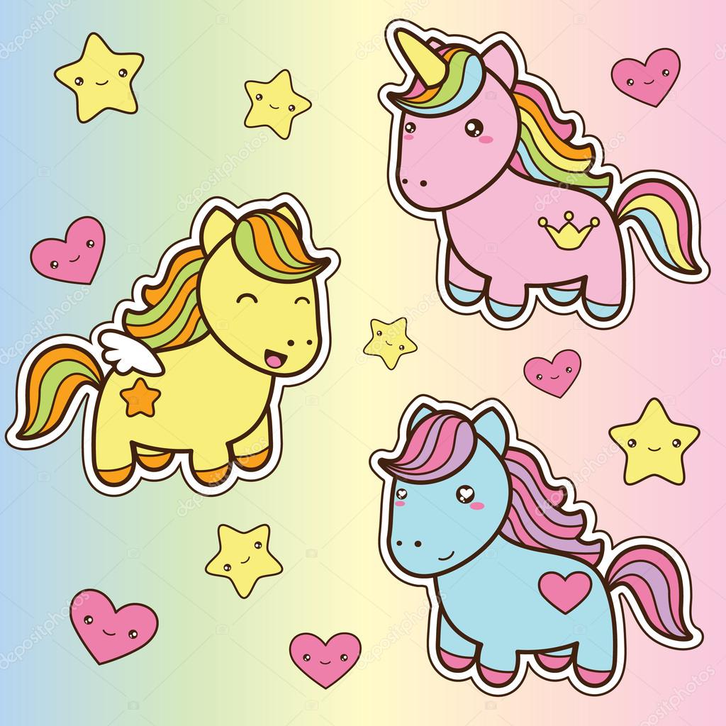 Insieme di kawaii cute cavalli di stile Elementi decorativi di disegno colorato luminoso in stile giapponese di doodle isolata on white background