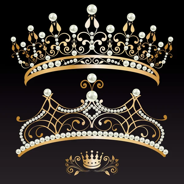 Set collection of two golden with pearls tiaras and crown — Stock Vector