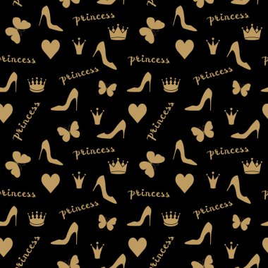Seamless pattern. Crowns, butterflies, shoes silhouettes
